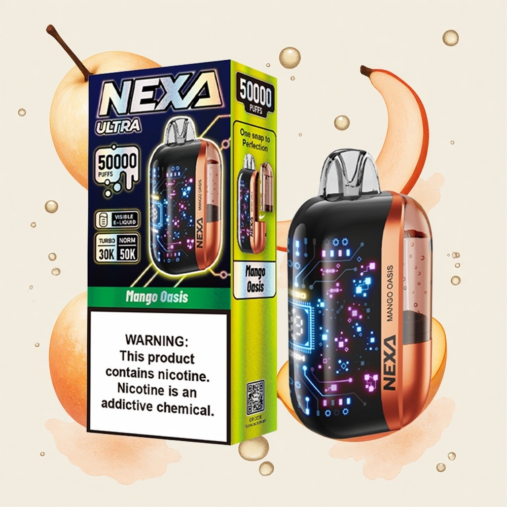 マンゴーオアシス NEXA Ultra 50000パフ 20ml充填 800mahバッテリー 5%ニコチン 0.9ohmデュアルメッシュコイル 3D曲面スクリーン Type-C充電