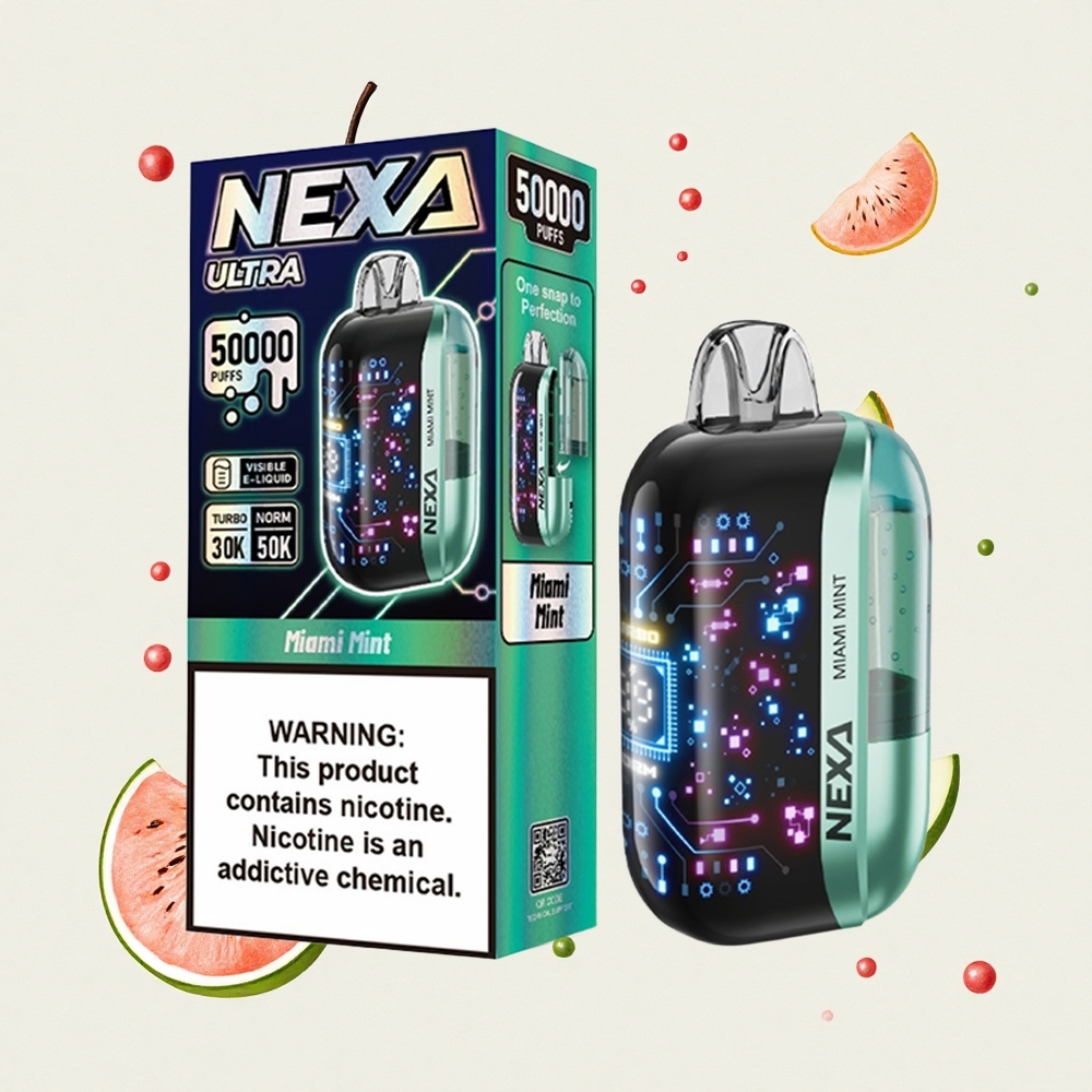 マイアミミント NEXA Ultra 50000プーフ 20mlプリフィルド 800mahバッテリー 5%ニコチン 0.9ohmデュアルメッシュコイル 3Dカーブドスクリーン Type-C充電