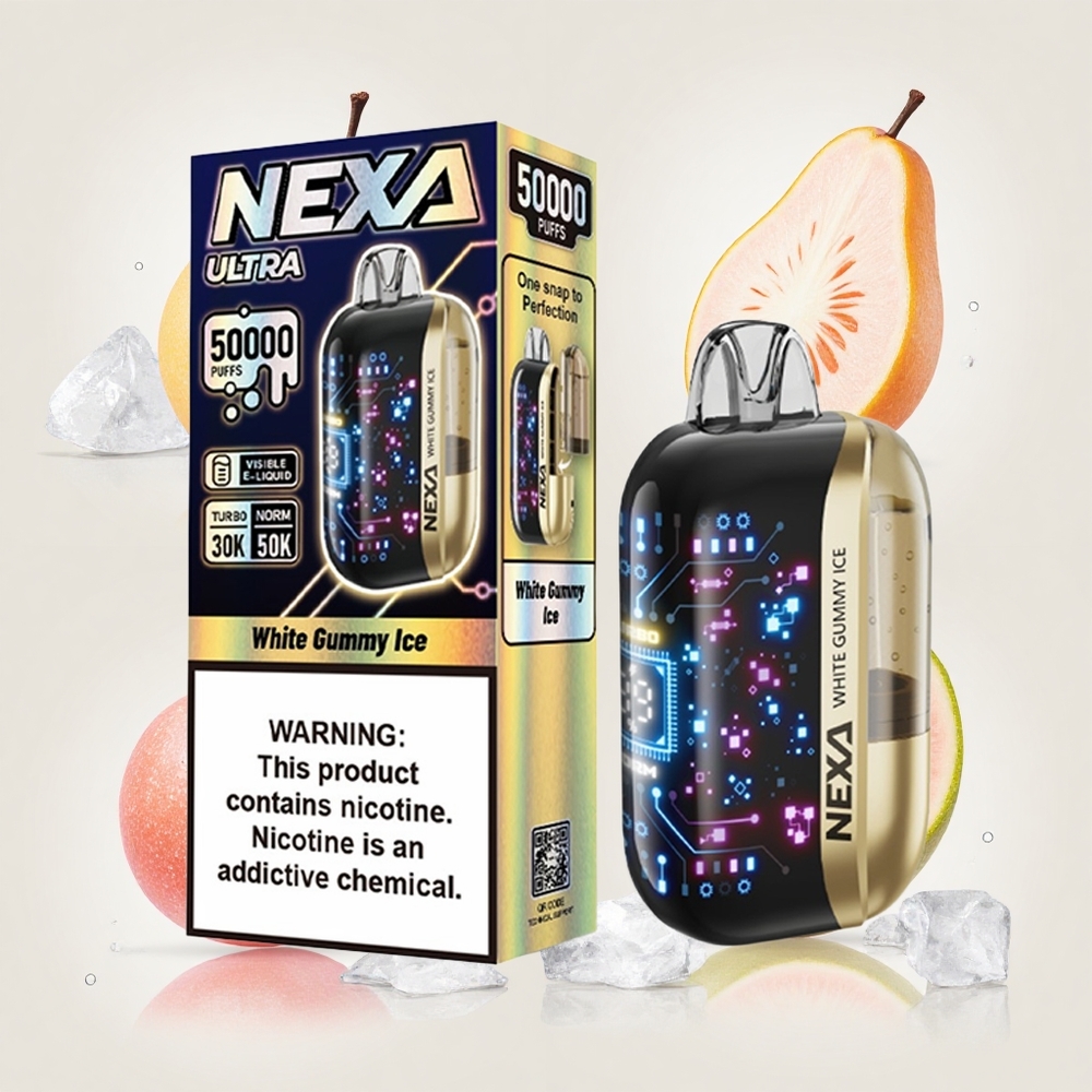 ホワイトグミアイス NEXA Ultra 50000パフ 20mlプレフィル 800mahバッテリー 5%ニコチン 0.9ohmデュアルメッシュコイル 3D曲面スクリーン Type-C充電