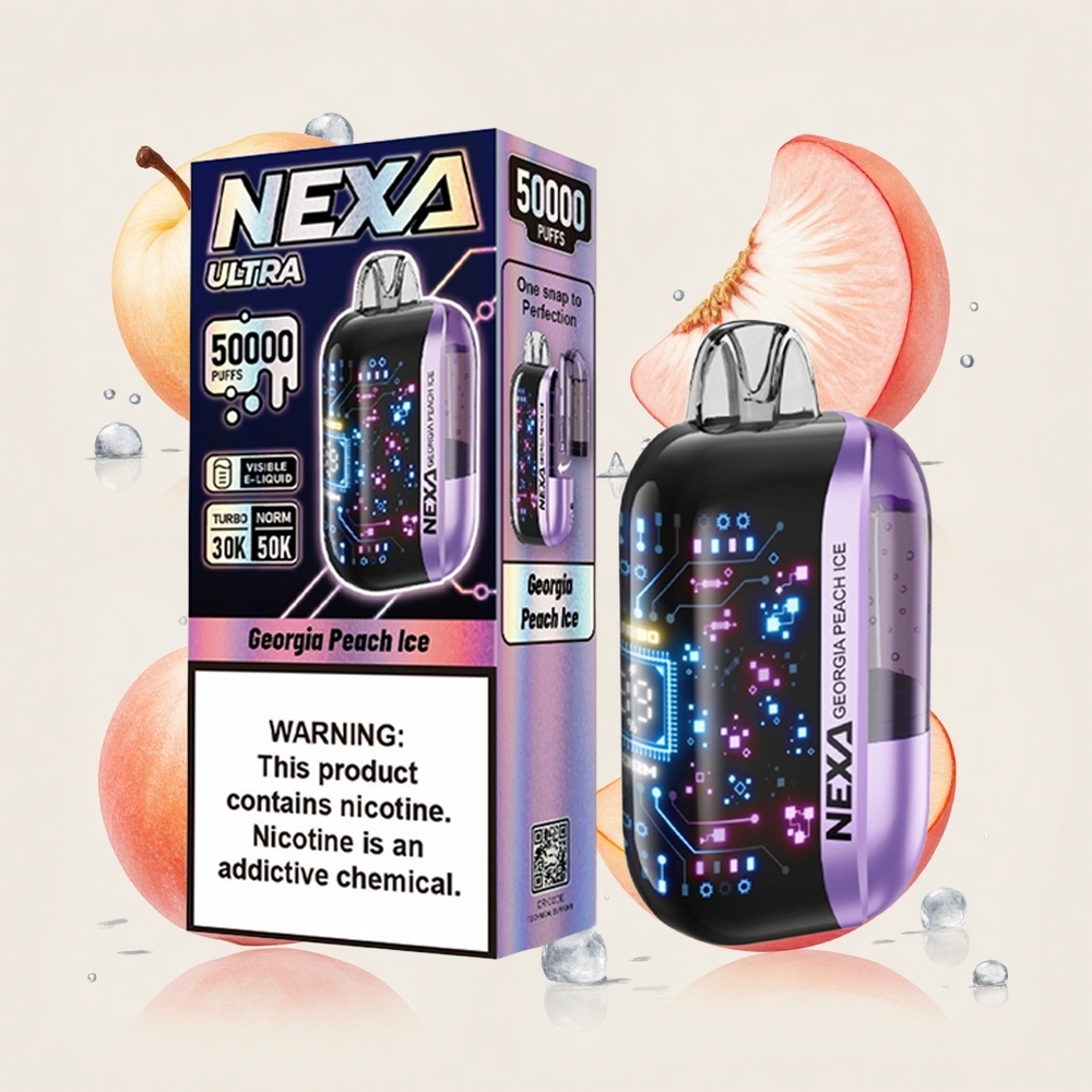 ジョージアピーチアイス NEXA Ultra 5万回吸引 20mlプリフィル 800mAhバッテリー 0.9ohmデュアルメッシュコイル 3D曲面スクリーン Type-C充電