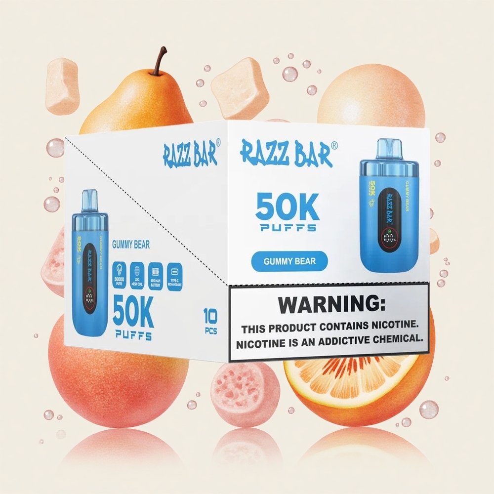 グミベア（Gummy Bear）ラズバー50K（Razz Bar 50K）50000パフ（Puffs）1.0オームメッシュコイル（Ohm Mesh Coil）650mAhバッテリータイプC充電式2％ニコチン