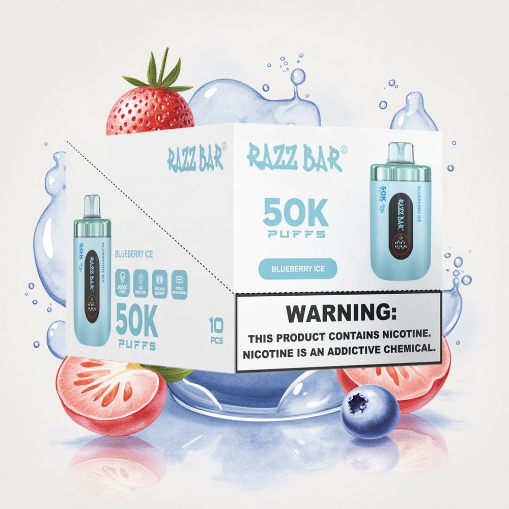 ブルーベリーアイス Razz Bar 50K 5万回吸引 1.0オームメッシュコイル 650mAhバッテリー Type-C充電式 2%ニコチン
