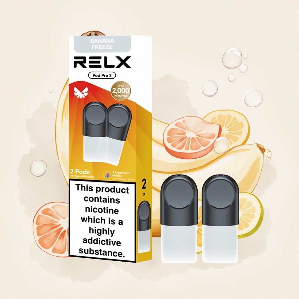 デザートバナナフリーズ RELX Pod Pro 2 600パフ ニコチン1.8% 3電圧調整 (エコモード5.5W、スムーズモード6.5W、ブーストモード8W)