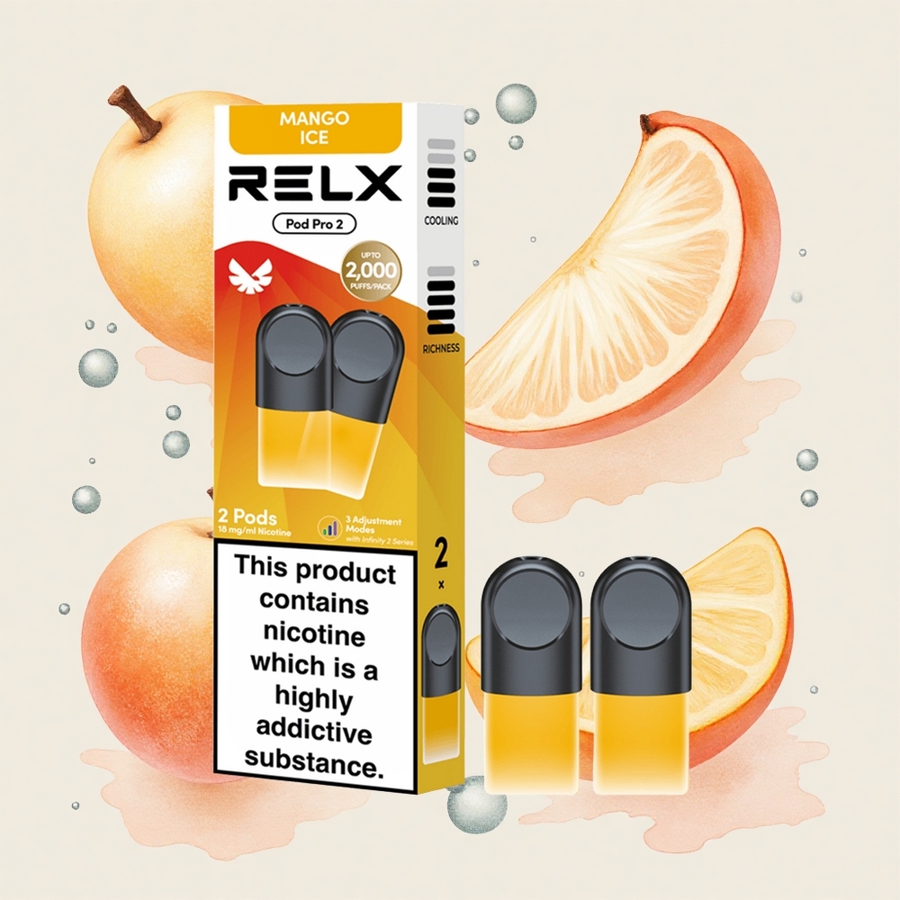 マンゴーアイス RELX Pod Pro 2 600パフ 1.8%ニコチン 3電圧調整 (エコモード5.5W/スムーズモード6.5W/ブーストモード8W)
