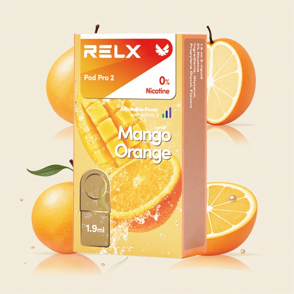 マンゴーオレンジ RELX Pod Pro 2 600プッフ 1.9ml 3電圧調整 (エコモード5.5W/スムースモード6.5W/ブーストモード13W)