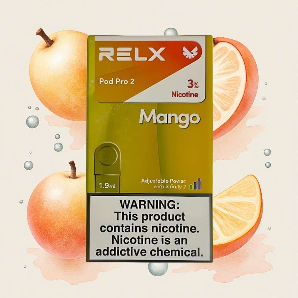 マンゴーアイス RELX Pod Pro 2 600パフ ニコチン3% 1.9ml 3電圧調整(エコモード5.5W/スムーズモード6.5W/ブーストモード8W) 2個入り
